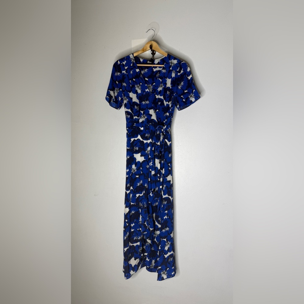 The Kooples Silk Wrap Midi Dress Blue Black White‎ Floral Siz 1 Small